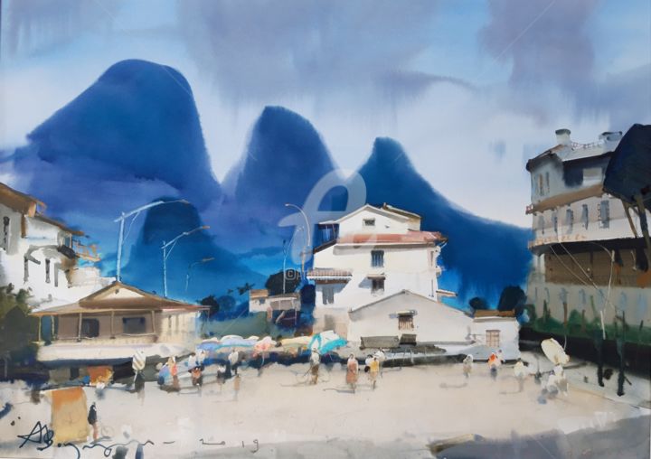Painting titled "umbrellas" by Alexander Votsmush, Original Artwork, Watercolor
