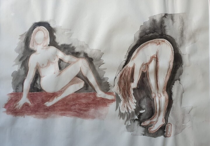 2 modèles au fusain 绘画, 11.4x15.4 in