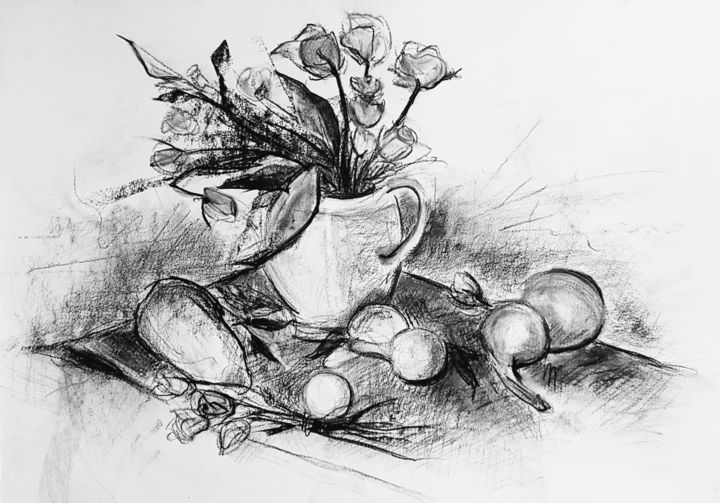 Drawing titled "Still life" by Daniela Mihai, Original Artwork, Charcoal