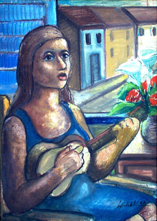 Pintura intitulada "mus009 - Moça com v…" por Luiz Carlos De Andrade Lima, Obras de arte originais, Óleo
