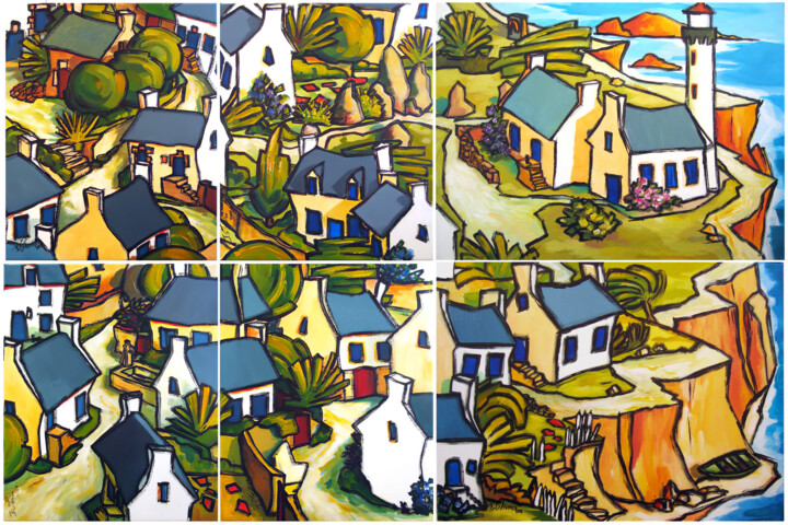 Painting titled "Dans un village" by Guy Terrier, Original Artwork, Acrylic Mounted on Wood Stretcher frame