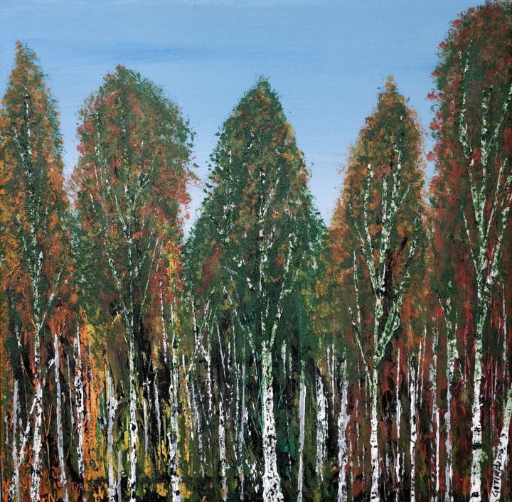 제목이 "Birch Tree Forest"인 미술작품 Gitika Singh로, 원작, 아크릴 나무 들것 프레임에 장착됨
