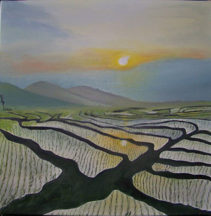 Peinture intitulée "Rizière." par Maryse Curinier-Rochette, Œuvre d'art originale, Huile Monté sur Châssis en bois
