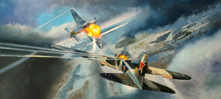 К 75 летию победы. (Воздушный бой). 绘画, 27.6x59.1 in