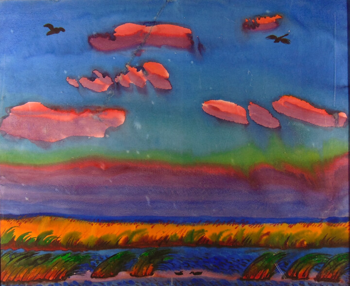 Картина под названием "Evening clouds" - Sergey And Vera, Подлинное произведение искусства, Акварель Установлен на плексиглас