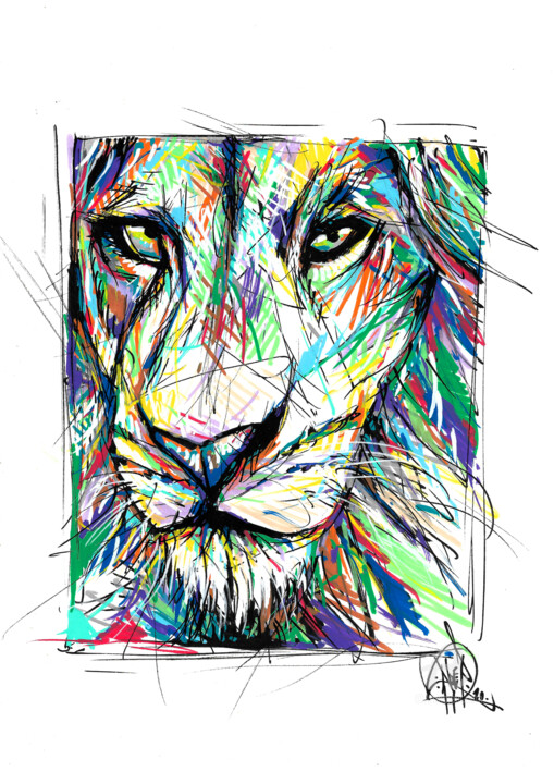 Lion colorful line 图画, 16.5x11.7 in