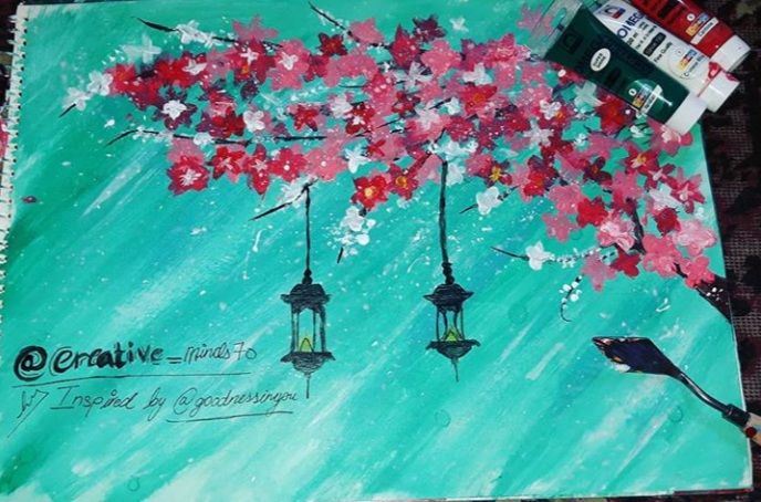 Painting titled "Cherry blossom trees" by Verdah Ali, Original Artwork, Acrylic