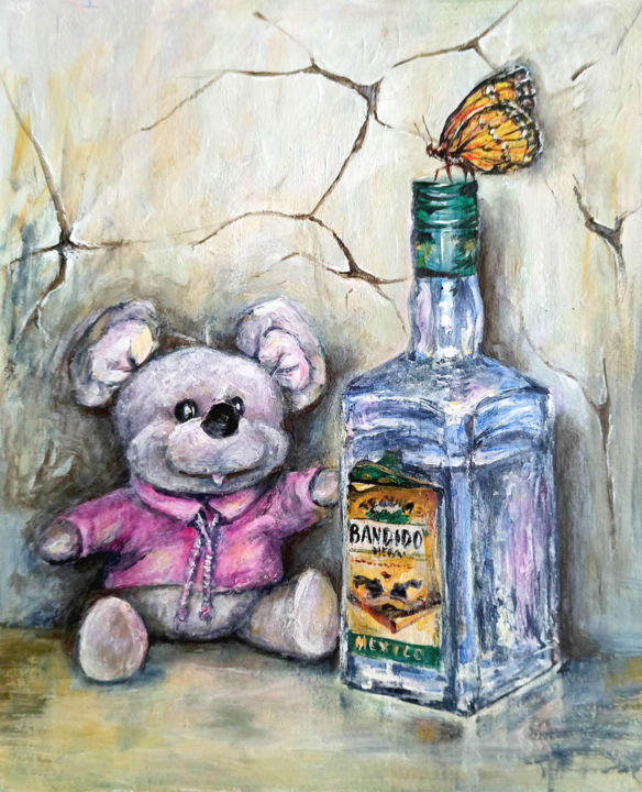 Wine bottle Toy.Inspirational Birthday original painting 绘画, 9.1x7.5 in