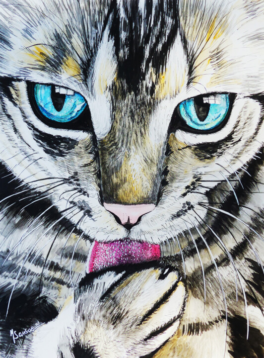 Toilette de chat 绘画, 18.1x13.4 in