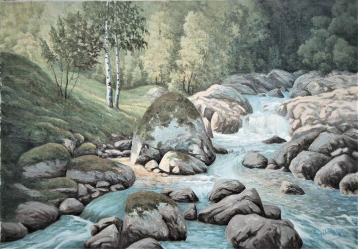 Painting titled "Joki" by Ari Reinikainen, Original Artwork, Oil