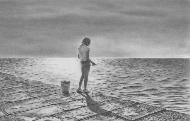 Zeichnungen mit dem Titel "FishingGirl" von Ronald Firla, Original-Kunstwerk, Bleistift