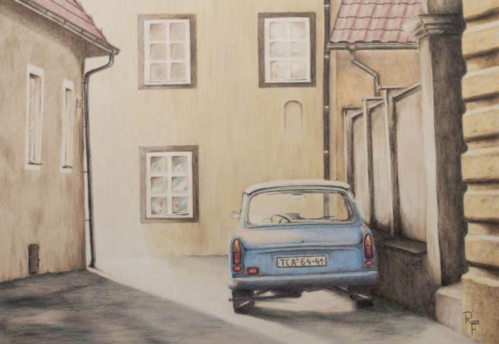 Malerei mit dem Titel "abgestellt" von Ronald Firla, Original-Kunstwerk, Conté-Buntstifte