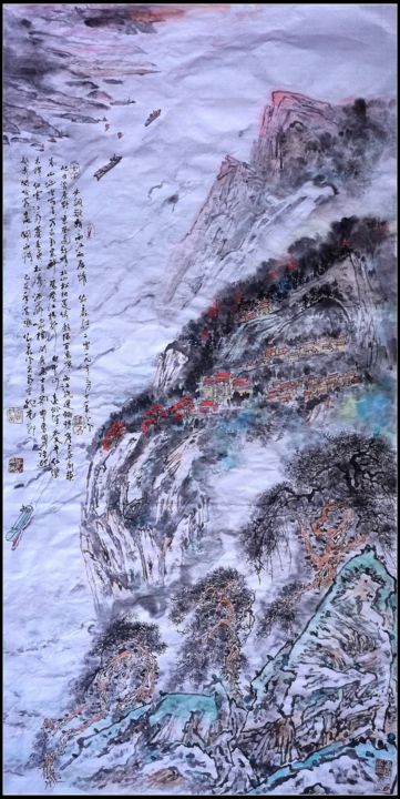 Schilderij getiteld "Dawn of West River" door Rongsong Xie Xie Rong Song, Origineel Kunstwerk, pigmenten