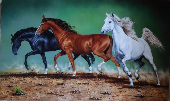 Three Horses 绘画, 23.6x39.4 in