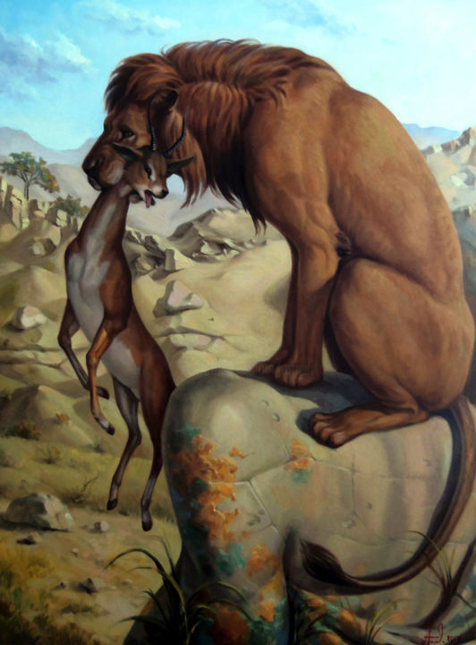Lion's hunting (60x80cm, oil painting, surrealistic artwork) 绘画, 31.5x23.6 in