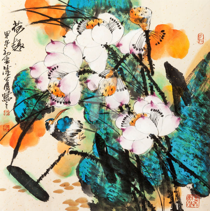 Malerei mit dem Titel "Fun in Lotus" von Dayou Lu, Original-Kunstwerk, Tinte