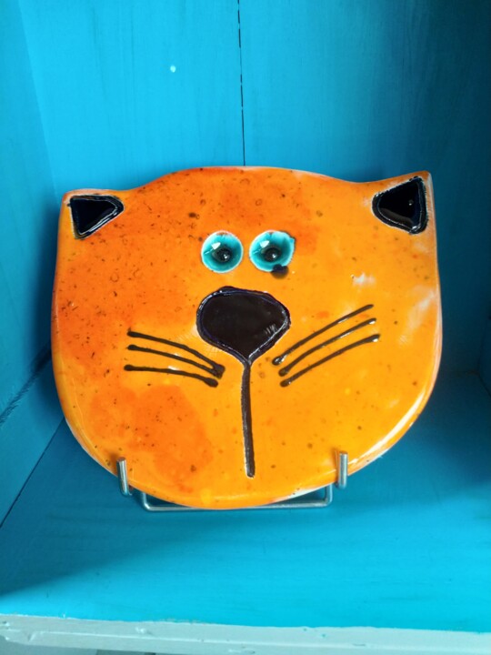 tête de chat en céramique émail orange 雕塑, 6.3x7.1 in