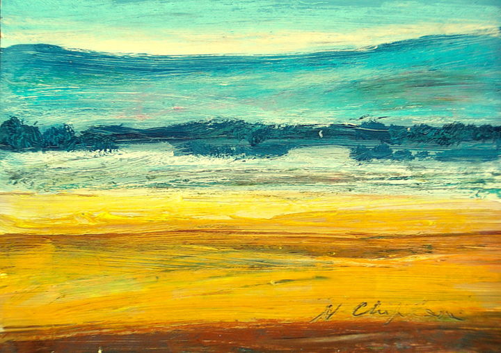 Peinture intitulée "Yellow field 1, 19x…" par Nathalia Chipilova, Œuvre d'art originale, Acrylique