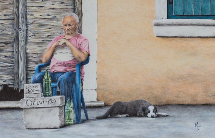 Malerei mit dem Titel "Olivenöl - 80 Kuna" von Ronald Firla, Original-Kunstwerk, Conté-Buntstifte