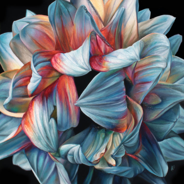Painting titled "Le Dahlia extravaga…" by Dominique Martineau, Original Artwork, Oil