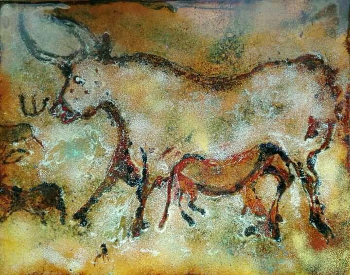 Peinture intitulée "L'Auroch - Emaux d'…" par Isabelle Mathis, Œuvre d'art originale, Émail Monté sur Panneau de bois
