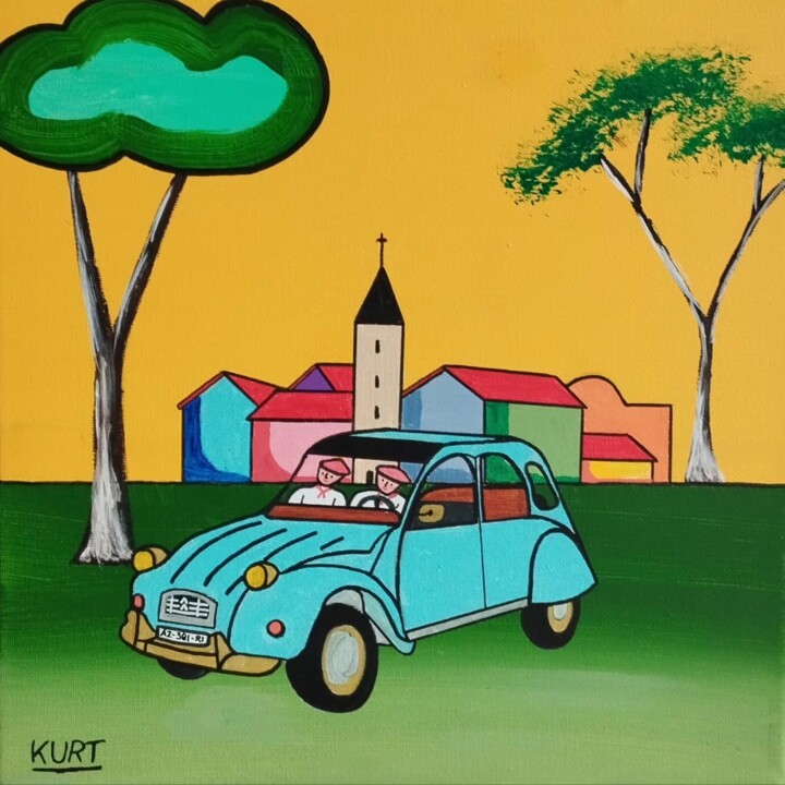 Tableau naif acrylique 2 CV au Pays-Basque 绘画, 11.8x11.8 in
