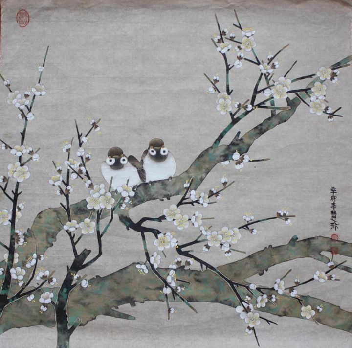Картина под названием "couple 双鸟" - Huizhen Zhang 张慧珍, Подлинное произведение искусства, Пигменты