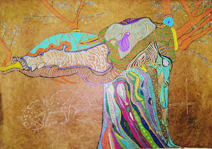 Peinture intitulée "Branche de l'olivie…" par Hélène Stevens, Œuvre d'art originale, Encre Monté sur Carton