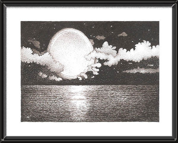 Dessin intitulée "Lua cheia com nuvens" par Angelica Trompieri, Œuvre d'art originale, Encre