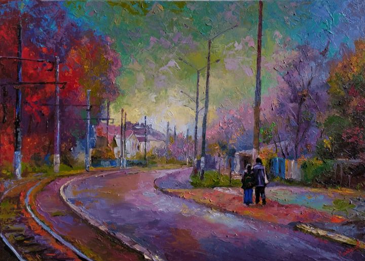 Painting titled "The Maple Autumn" by Serhii Simkhe, Original Artwork, Oil Mounted on Wood Stretcher frame
