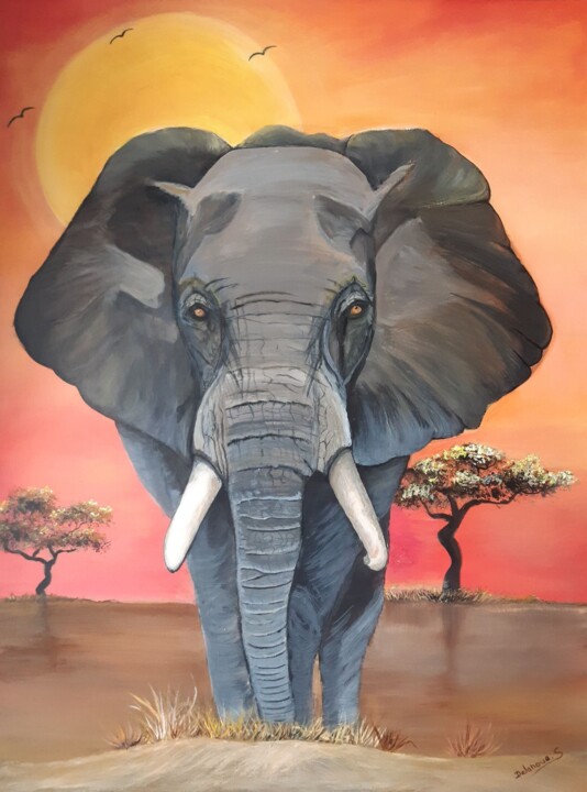 éléphant dans la savane 绘画, 31.5x23.6 in
