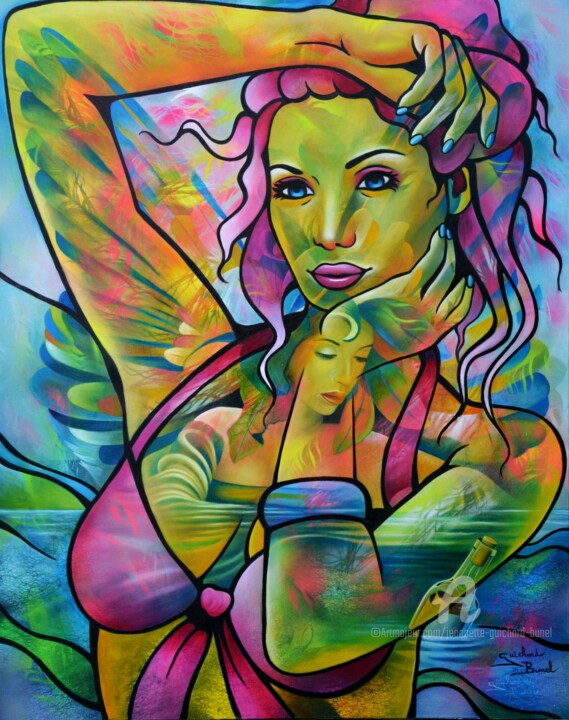 Peinture intitulée "bouteille à la mer" par Jeannette Guichard-Bunel, Œuvre d'art originale, Huile Monté sur Châssis en bois