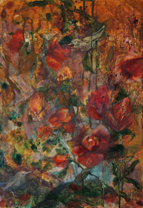 The nightingale sings - original painting 绘画, 19.7x13.8 in