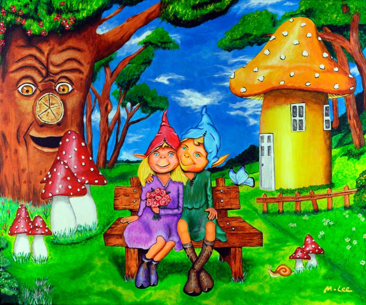 Pintura intitulada "Elves in Magical Fo…" por Mikey Lee, Obras de arte originais, Acrílico Montado em Armação em madeira