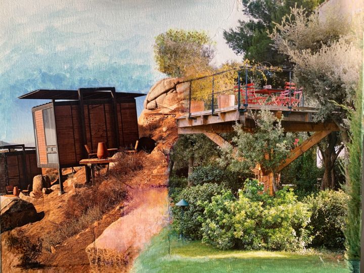 Κολάζ με τίτλο "Cabanon de canyon c…" από Anne Vidal, Αυθεντικά έργα τέχνης, Κολάζ Τοποθετήθηκε στο Ξύλινο φορείο σκελετό