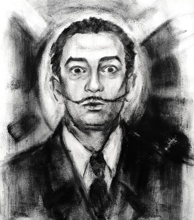 Tekening getiteld "Сальвадор Дали" door Svetlana Kuzina (Skuz), Origineel Kunstwerk, Houtskool Gemonteerd op Karton