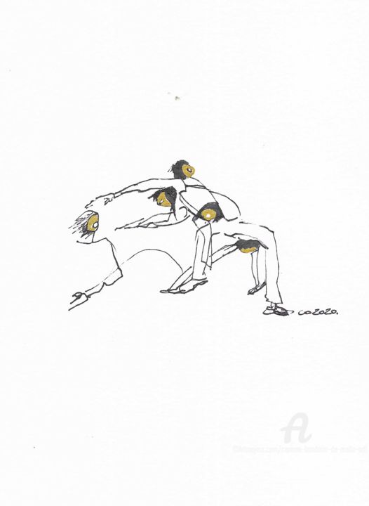 Dessin intitulée "Danse contact 02" par Corinne Bandeira De Mello, Œuvre d'art originale, Encre