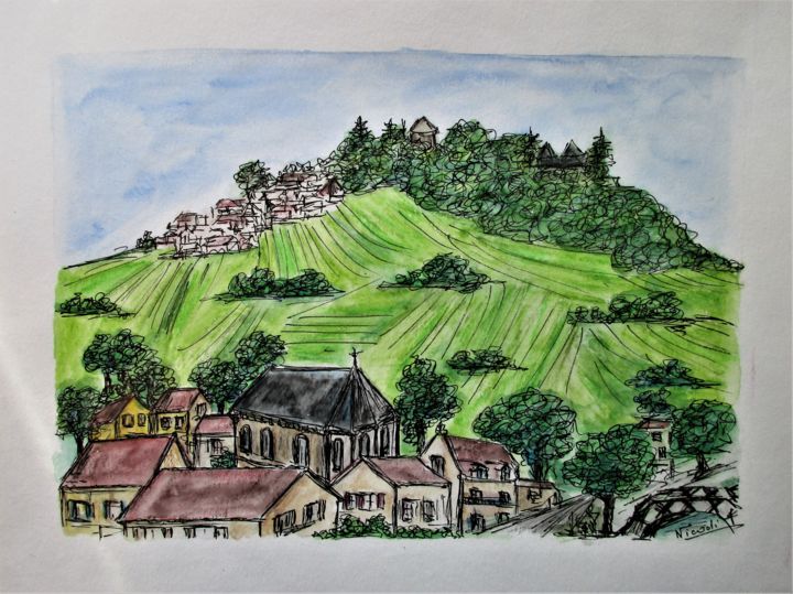 Peinture intitulée "Vignoble Sancerrois" par Nicodi, Œuvre d'art originale, Aquarelle