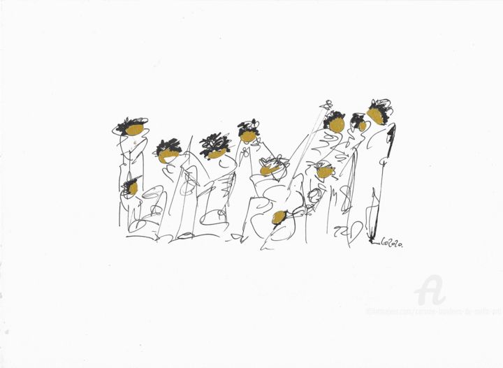 Dessin intitulée "musiciens" par Corinne Bandeira De Mello, Œuvre d'art originale, Encre