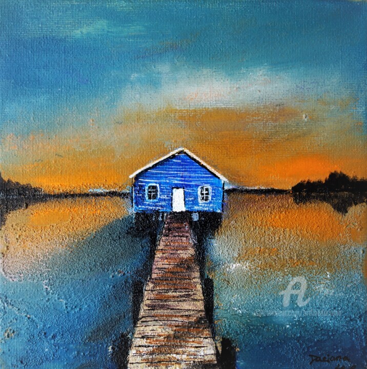 Malerei mit dem Titel "Cabane au coucher d…" von Daciana, Original-Kunstwerk, Acryl Auf Keilrahmen aus Holz montiert