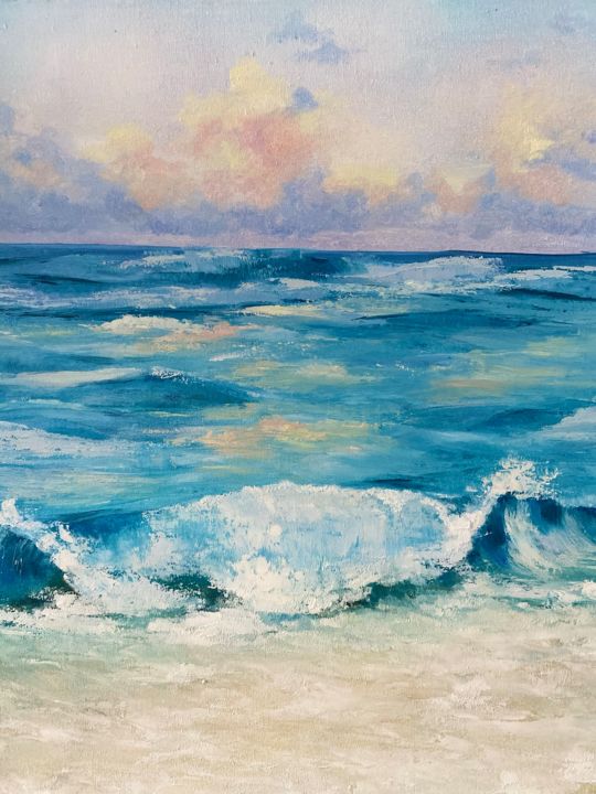 Malerei mit dem Titel "Sunrise at Sea" von Iryna Nuhimovich, Original-Kunstwerk, Öl Auf Keilrahmen aus Holz montiert