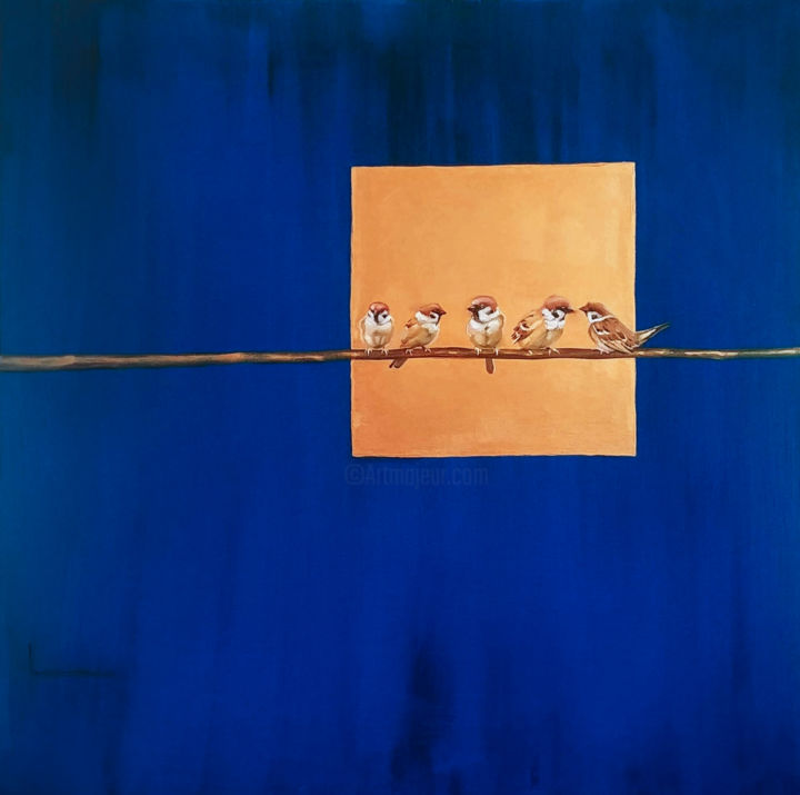 "Bird on blue" 绘画, 31.5x31.5 in