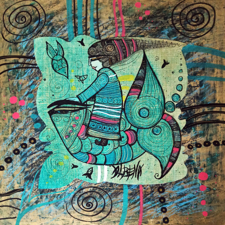 Collages intitulée "Pégase de mer" par Albena Vatcheva, Œuvre d'art originale, Collages Monté sur Panneau de bois