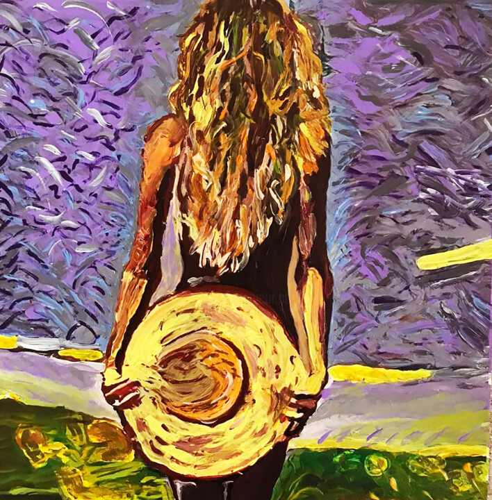A shy woman with a hat 绘画, 13x13 in