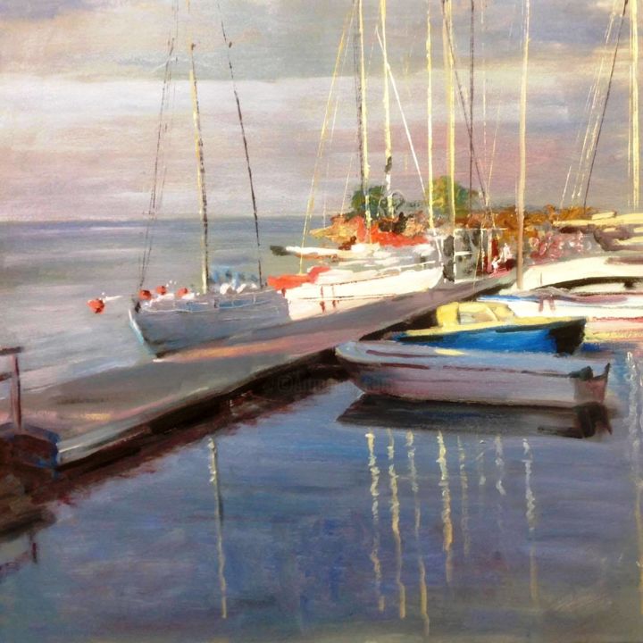 Painting titled "Yachts in Engure" by Iurii Zuev, Original Artwork, Oil Mounted on Wood Stretcher frame