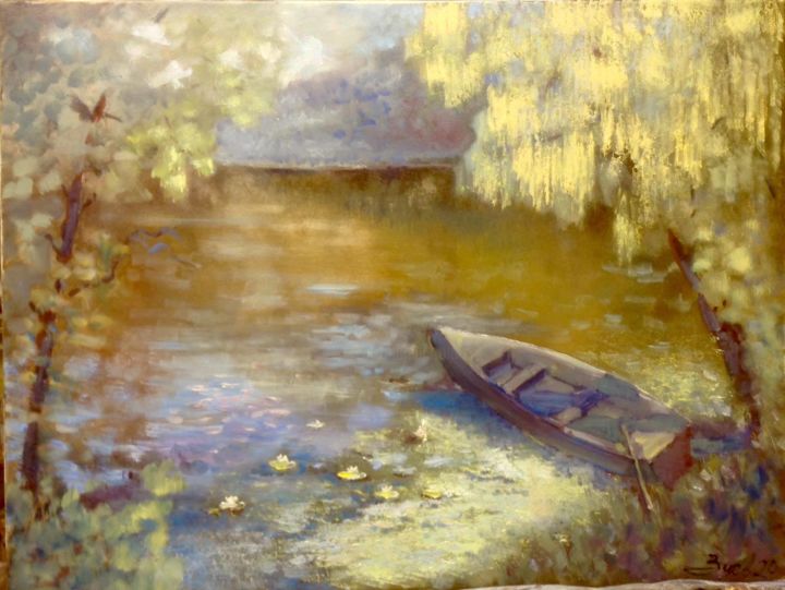 Painting titled "Лодка" by Iurii Zuev, Original Artwork, Oil Mounted on Wood Stretcher frame