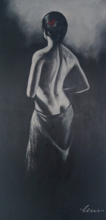 Nude woman acrylic painting on canvas, black and white 绘画, 32.7x16.1 in