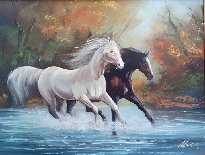 Two galloping horses acrylic print painting on canvas 绘画, 16.1x20.9 in