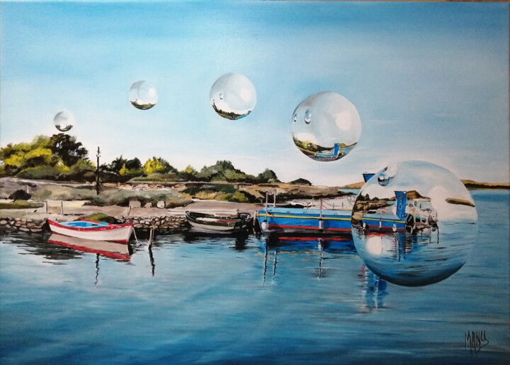 Peinture intitulée "Mozia le débarqueme…" par Manu Surreabulliste, Œuvre d'art originale, Huile Monté sur Châssis en bois