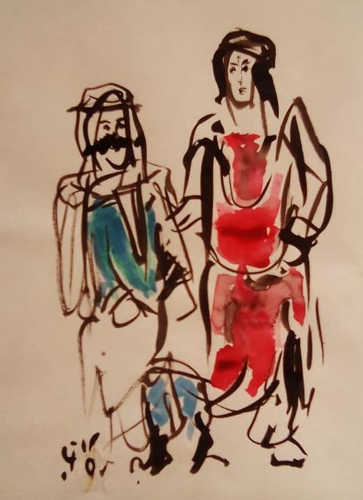Disegno intitolato "Couple arabe" da Mohamed Barnat, Opera d'arte originale, Acquarello